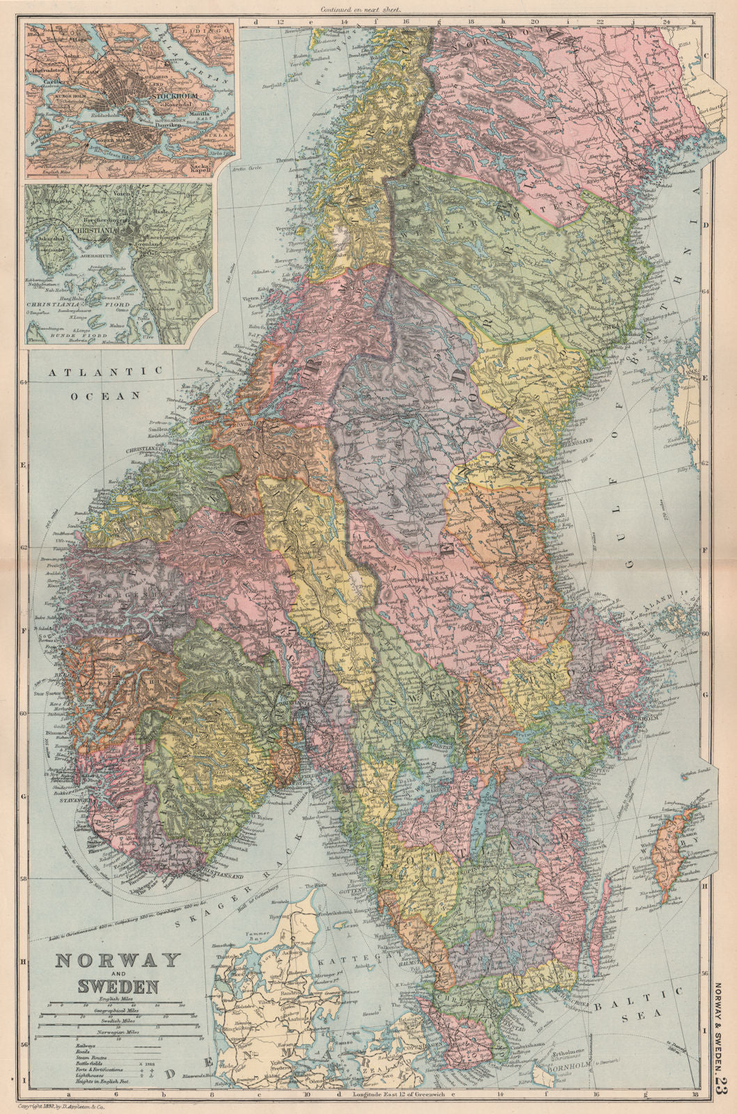 SCANDINAVIA.Norway & Sweden;Inset Stockholm & Christiania(Oslo).BACON 1893 map
